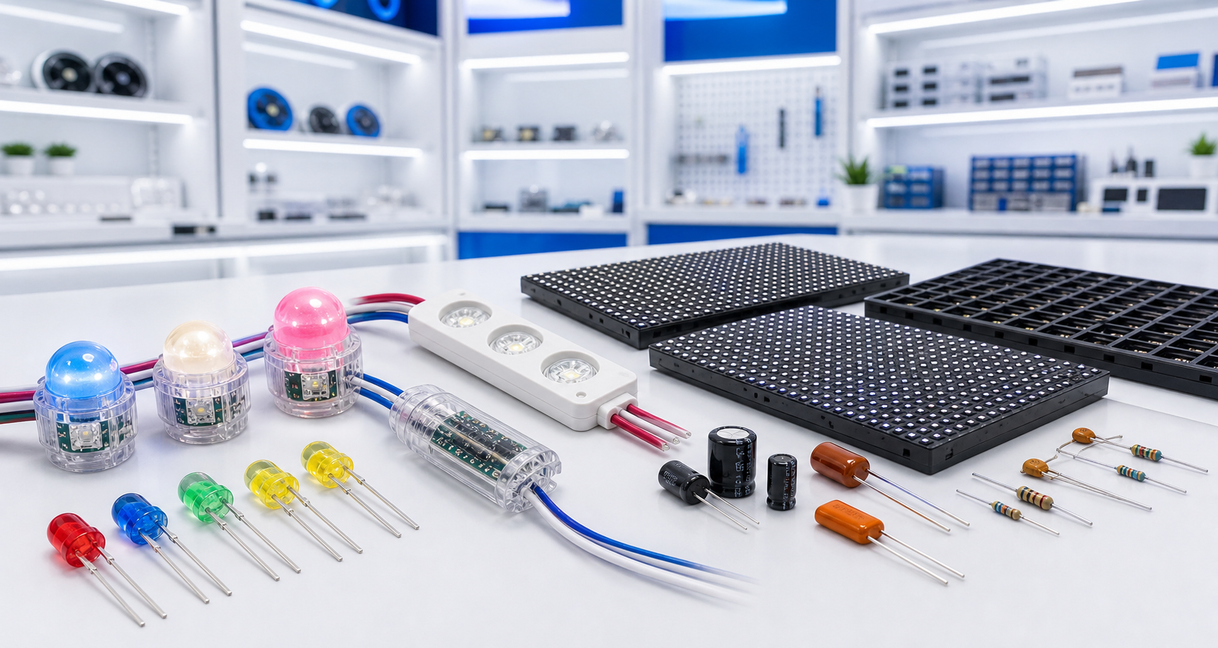 Premium electronics showroom with neatly arranged LED and component products