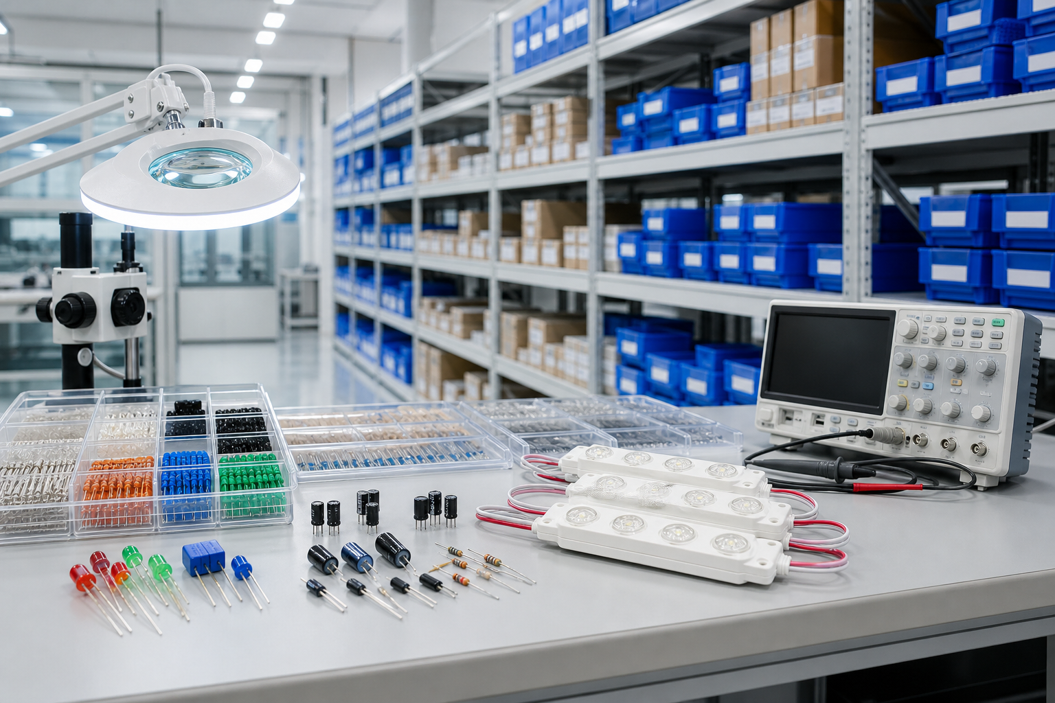 Modern electronics warehouse and quality control station with organized LED inventory