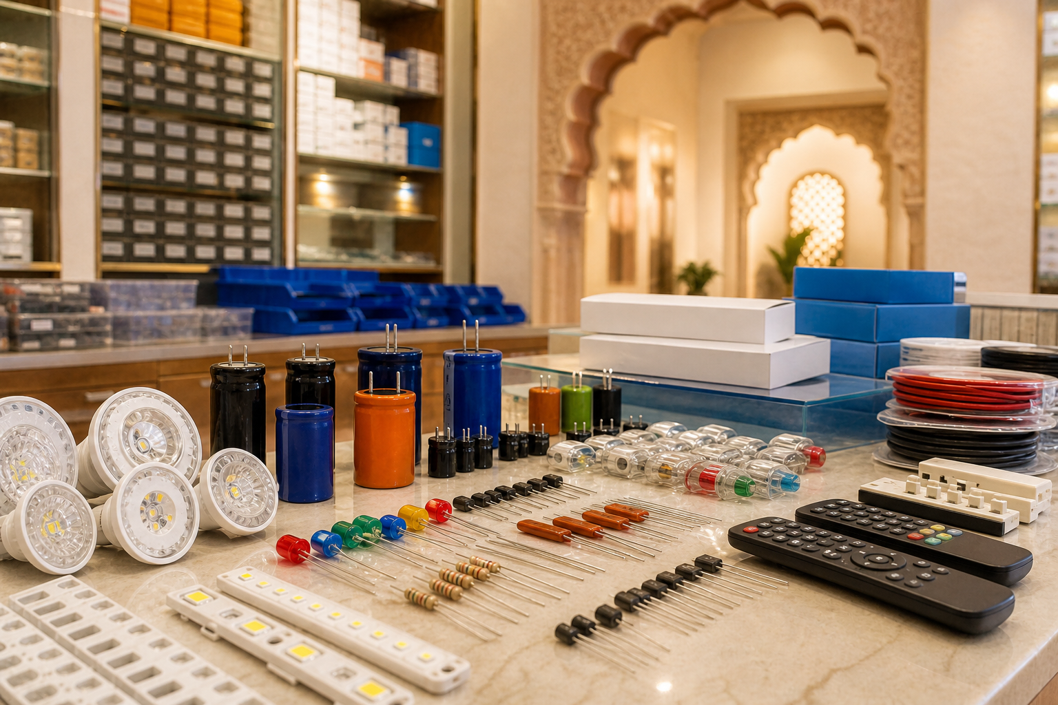 Organized electronics component counter with Jaipur-inspired interior details