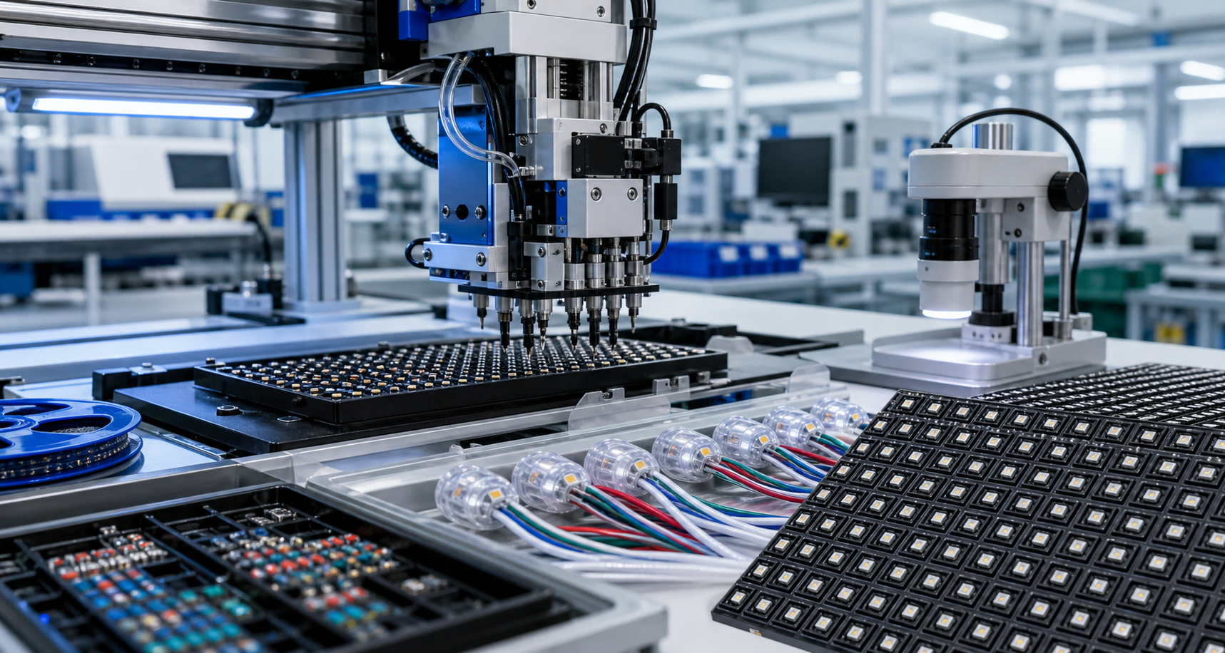 Modern LED electronics assembly line with component trays and production equipment